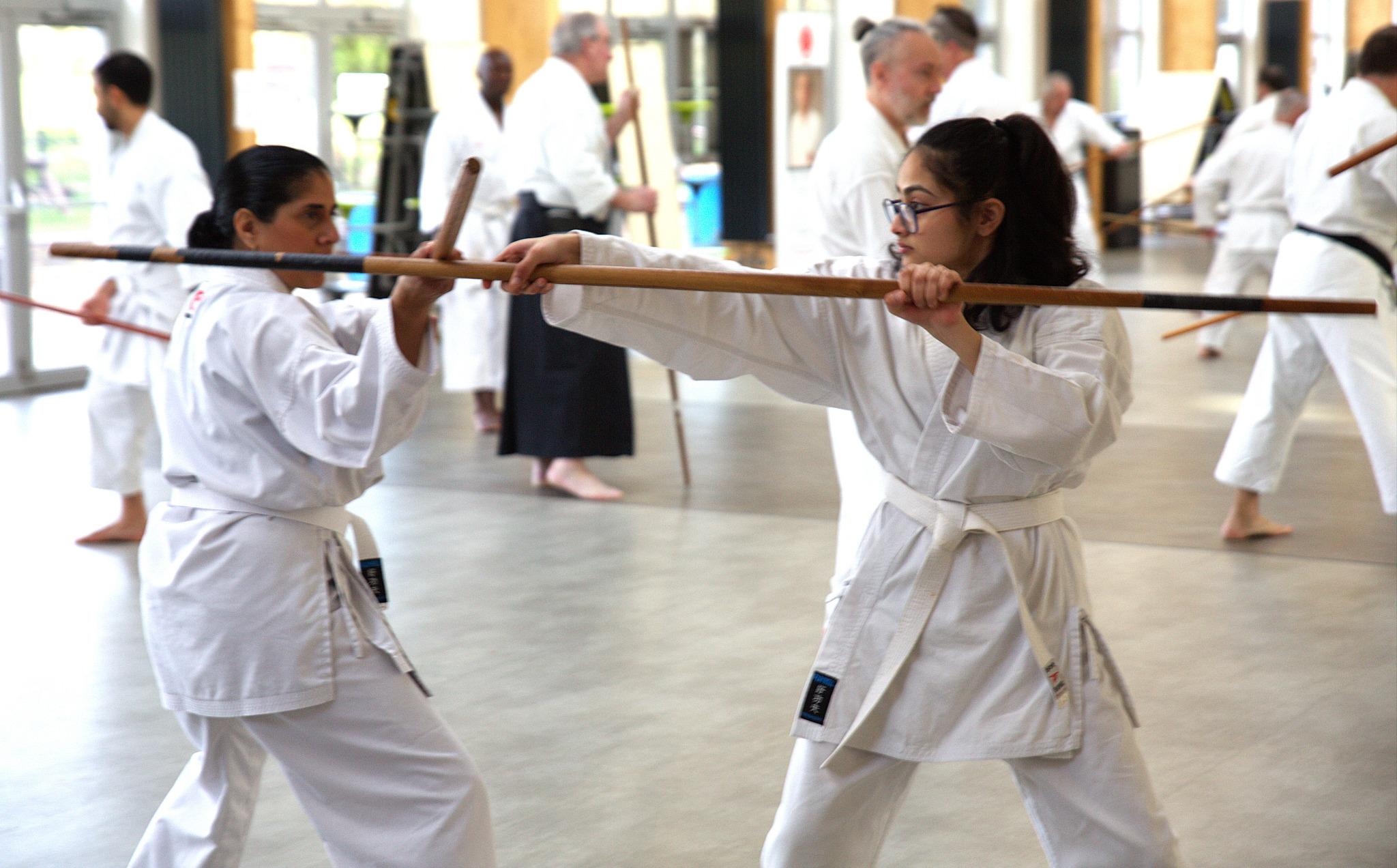 Two students practising Bo partner work together
